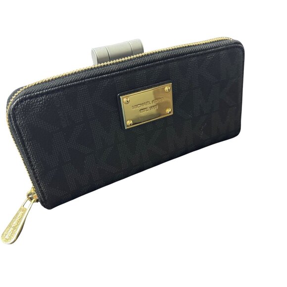 Michael Kors Jet Set Zip-Around Wallet Black Logo Pattern Gold Hardware - Picture 2 of 4
